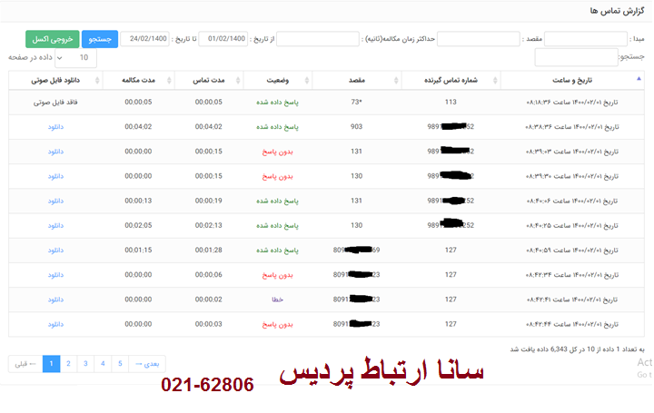 ماژول گزارش تماس: گزارش تمام تماسهای ورودی، خروجی، داخلی به داخلی ماژول گزارش تماس راهکاری مناسب برای بررسی نحوه عملکرد پرسنل شرکت در پاسخگویی به مشتریان
