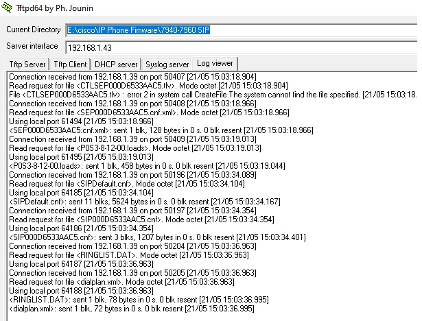 لاگ‌های سرور TFTP Server که همزمان با ریست گوشی دانلود می‌شوند